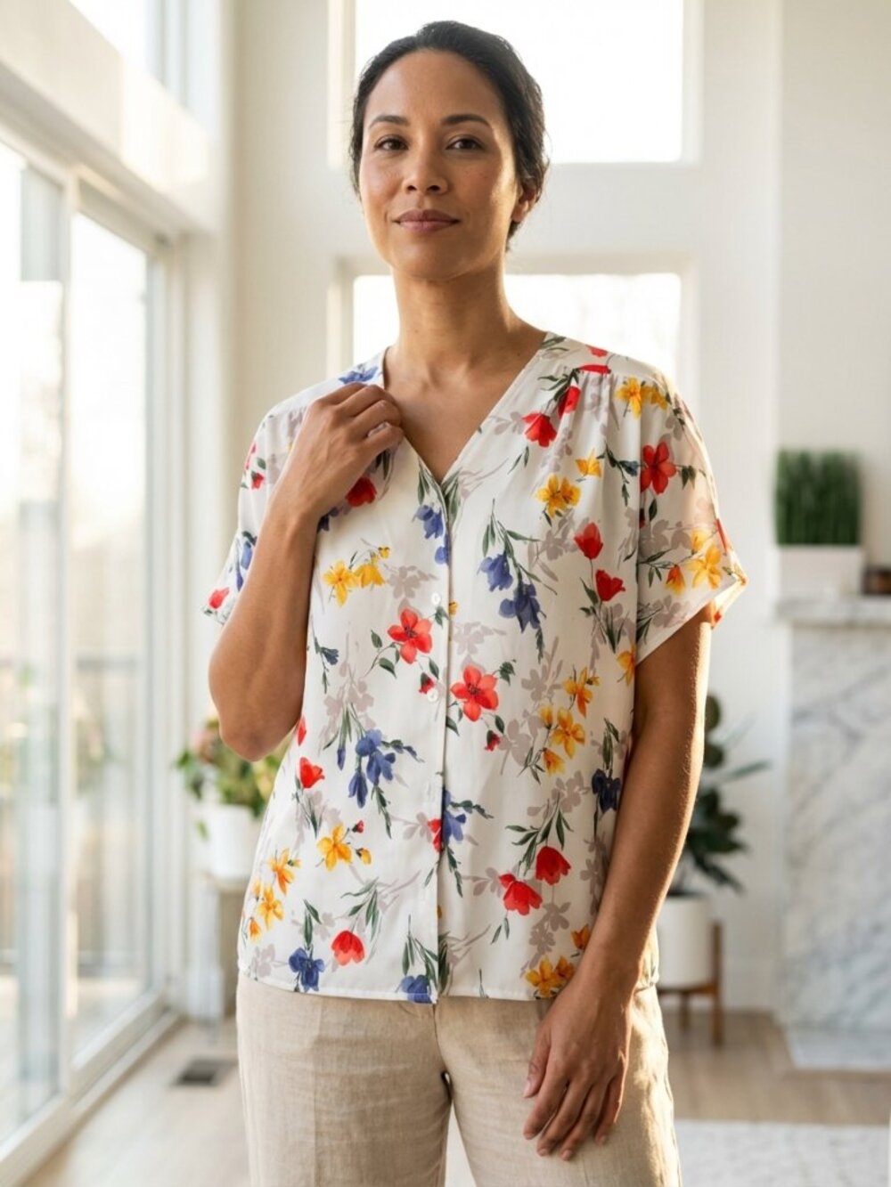 Vintage Blair Floral Silky Blouse O/S Button Down Great Condition